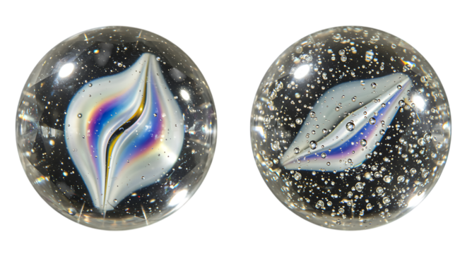 Two clear marbles with white and iridescent flame isolated on transparent background