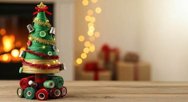 Festive DIY Christmas tree decoration crafted from green yarn, buttons, and thimbles, sitting on a rustic wooden table with a warm fireplace and blurred holiday gifts in the background.