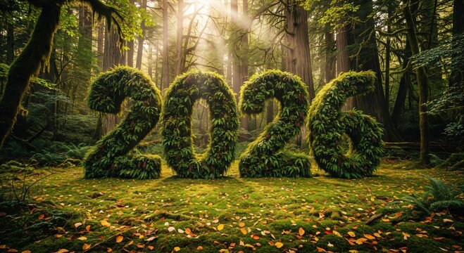 2026 Green Foliage Numbers in a Lush Sunlit Forest, Representing Nature, Growth, and the Future Year - Powered by Adobe