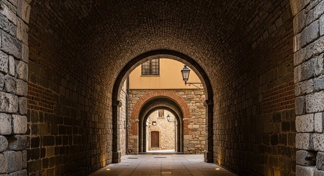 A symmetrical view through a series of ancient stone and brick arches in a historic old town, creating a mysterious and atmospheric passageway with warm, low lighting