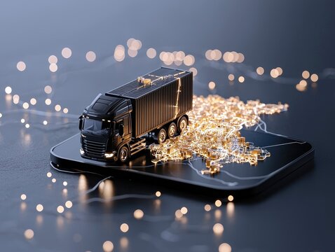 A miniature black semi-truck with a container sits on a black smartphone. A glowing, digital map with interconnected lines and golden geometric shapes is spread