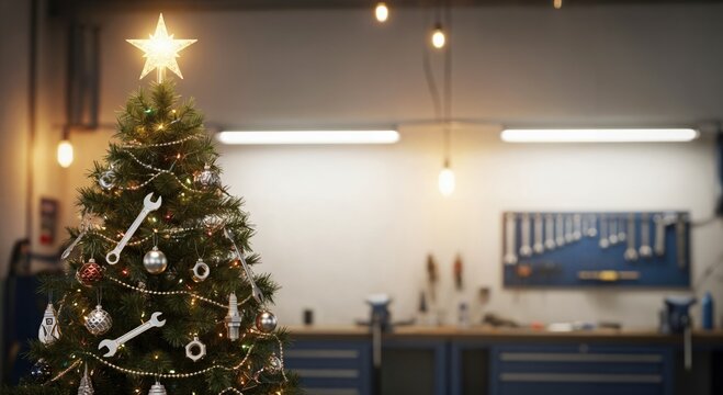 Festive Christmas tree adorned with mechanic tools like wrenches and spark plugs, sparkling with lights in a professional auto repair workshop, celebrating the holiday season.