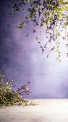 A close-up of delicate branches adorned with small purple berries and green leaves, set against a soft, textured purple backdrop.