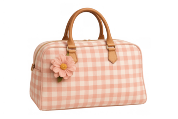Pink gingham handbag with flower charm, carrying feminine accessories and fashion items, on transparent background