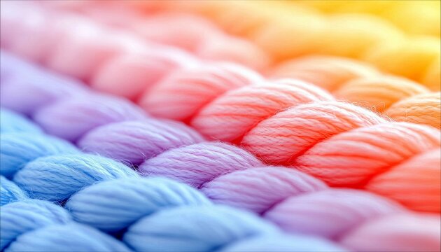 Close-up macro shot of thick, braided yarn in a gradient of pastel colors from blue to pink to orange, with soft, warm lighting. - Powered by Adobe