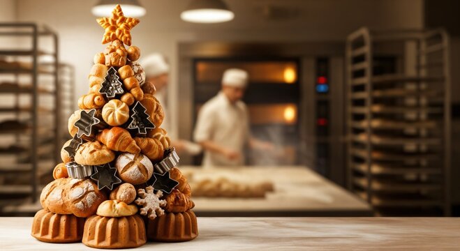 Festive Christmas Tree Crafted from Assorted Freshly Baked Breads and Pastries, Adorned with Cookie Cutters, Set in a Warm Professional Bakery Environment with Blurred Bakers - Powered by Adobe