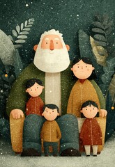 Stylized Textured Cartoon Illustration of Grandfather with Four Grandchildren Under Winter Snowfall | Cozy Large Family Christmas Portrait with Foliage Background