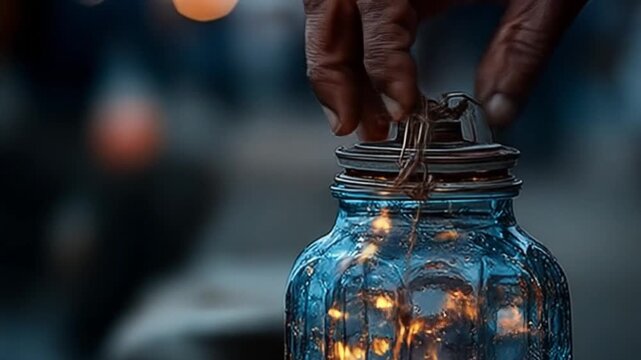 Hand holding blue glass jar with glowing lights against a blurred background