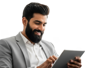 Smiling professional man engaging with modern technology on a digital tablet device transparent background