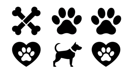 Cute Dog Pet Icons, Loving Paw Print Set, Adorable Canine Symbols, Simple Black Silhouette, Happy Animal Care Graphic, Charming Digital Design, Playful Paw Heart, Friendly Companion Vector