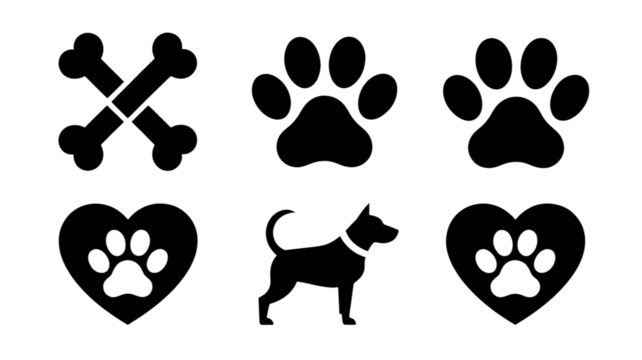 Cute Dog Pet Icons, Loving Paw Print Set, Adorable Canine Symbols, Simple Black Silhouette, Happy Animal Care Graphic, Charming Digital Design, Playful Paw Heart, Friendly Companion Vector