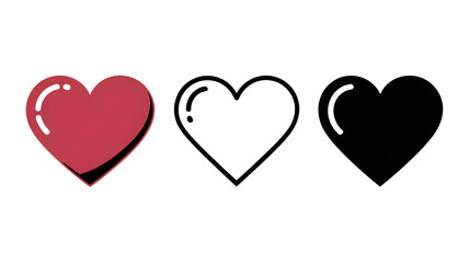 Modern Glossy Hearts, Simple Three Icons, Loving Abstract Set, Cute Outline Symbol, Detailed Filled Graphic, Clean Monochrome Concept, Vivid Red and Black, Expressive Digital Elements