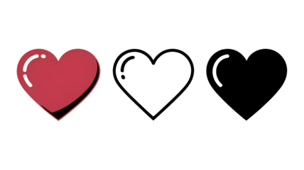 Modern Glossy Hearts, Simple Three Icons, Loving Abstract Set, Cute Outline Symbol, Detailed Filled Graphic, Clean Monochrome Concept, Vivid Red and Black, Expressive Digital Elements