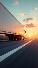 Fototapeta premium White trailer truck driving on empty road at sunset, cinematic speed.