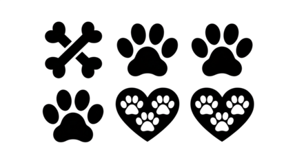 Cute Animal Pawprints, Loving Dog Bone Icon, Adorable Pet Symbol Set, Simple Black Silhouette, Happy Veterinary Graphic, Charming Digital Design, Playful Paw Heart, Friendly Companion Vector
