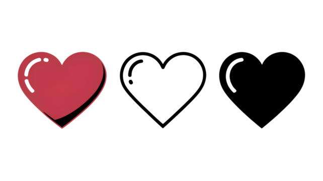 Modern Glossy Hearts, Simple Three Icons, Loving Abstract Set, Cute Outline Symbol, Detailed Filled Graphic, Clean Monochrome Concept, Vivid Red and Black, Expressive Digital Elements