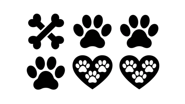 Cute Animal Pawprints, Loving Dog Bone Icon, Adorable Pet Symbol Set, Simple Black Silhouette, Happy Veterinary Graphic, Charming Digital Design, Playful Paw Heart, Friendly Companion Vector
