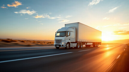 White trailer truck driving on empty road at sunset, cinematic speed.