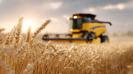 Agricultural machinery harvesting golden wheat in a vast field under a dramatic sky, showcasing the beauty of farming and modern technology in action