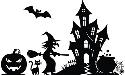 Halloween witch with black cat, pumpkin, bat, and haunted house illustration for spooky decorations 