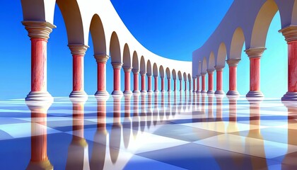 A curved architectural structure featuring a series of white arches supported by red and white classical columns, set against a clear blue sky. The floor is a h