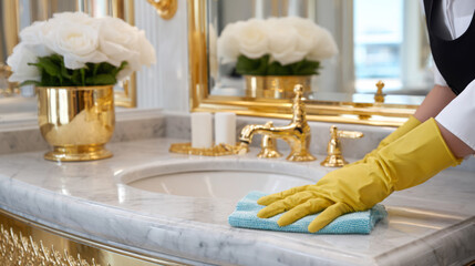 Female cleaner wearing yellow gloves is wiping a marble bathroom countertop with a blue cloth, surrounded by elegant decor and fresh white flowers, showcasing cleanliness and attention to detail