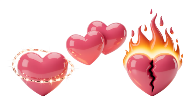 Passionate 3D Hearts, Romantic Love Concepts, Sweet Shiny Emblems, Emotional Broken Symbol, Tender Glowing Connection, Dynamic Burning Graphic, Glossy Modern Icons, Expressive Valentine Set, Abstract 
