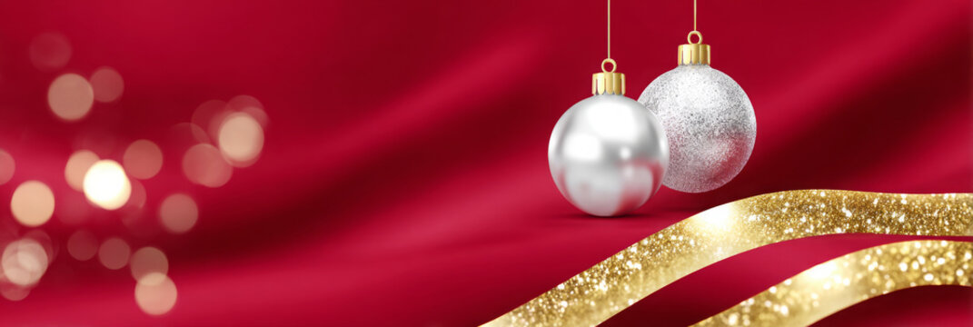 Elegant Christmas ornaments, one silver and one glittering, hang gracefully against a rich red fabric backdrop, creating a festive and joyful holiday atmosphere with shimmering accents