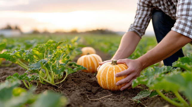 Male farmer harvesting ripe pumpkins in a lush green field during sunset, showcasing the agricultural process and connection to nature in a vibrant landscape