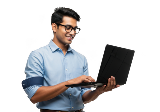 Young professional man in glasses diligently typing on laptop computer work study transparent background