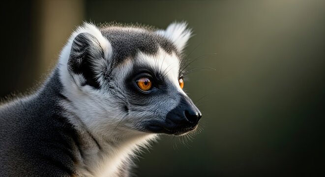 Close-up profile portrait of a beautiful ring-tailed lemur with striking orange eyes looking thoughtfully to the side against a soft, out-of-focus natural background