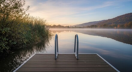 A serene view from a wooden pier with a swimming ladder over a misty lake during a tranquil autumn sunrise, with hills reflected in the calm water