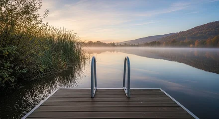 Poster Reflectie A serene view from a wooden pier with a swimming ladder over a misty lake during a tranquil autumn sunrise, with hills reflected in the calm water  © Mr. Stocker