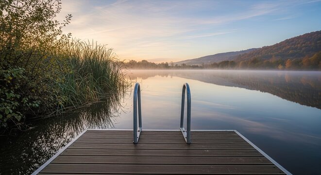 A serene view from a wooden pier with a swimming ladder over a misty lake during a tranquil autumn sunrise, with hills reflected in the calm water