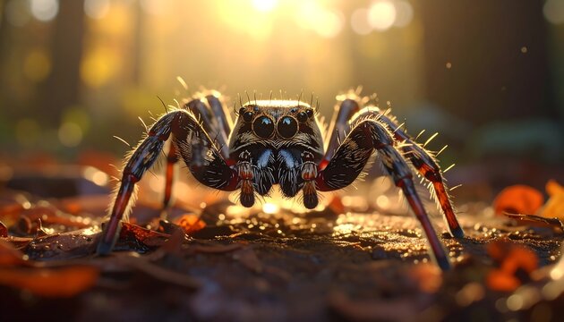 Close-up of a jumping spider with large eyes in a sunlit forest