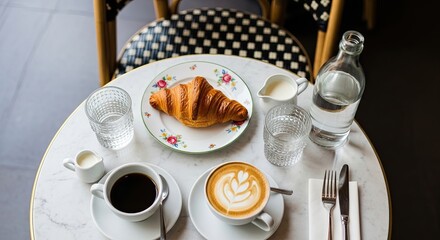A classic European breakfast for two with fresh croissants, cappuccino with latte art, and black coffee served on a marble table in a charming traditional bistro