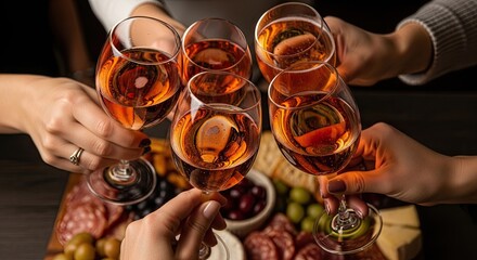 A group of friends celebrating together in a warm, intimate setting, raising their glasses of rosé wine for a toast over a gourmet charcuterie board