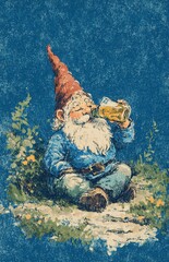 Vintage Textured Illustration of Happy Gnome Drinking from a Bottle in Cross-Legged Pose on Blue Background | Rustic Low-Resolution MS Paint Aesthetic