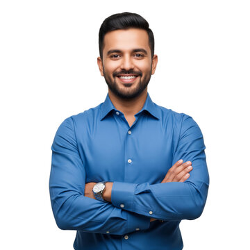 Young Indian business man standing confident and crossed arms isolated on white or transparent background