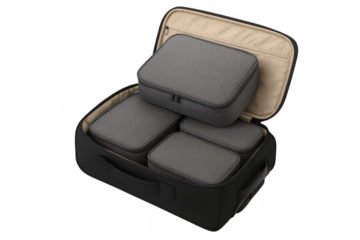 Travel suitcase with grey packing cubes arranging items for efficient trip preparation on transparent background