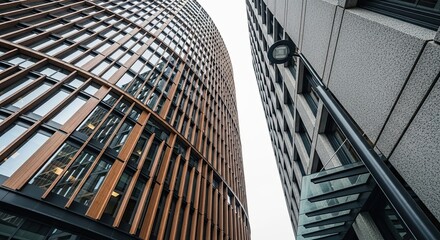Low angle view of two modern skyscrapers with contrasting facades, one curved with wooden fins and the other with a textured concrete finish, against an overcast sky