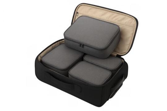 Travel suitcase with grey packing cubes arranging items for efficient trip preparation on transparent background
