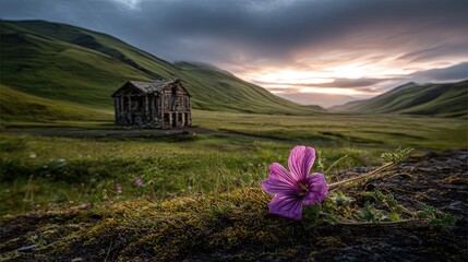 Abandoned House In Valley Sunset With Purple Flower