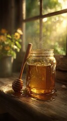 Honey Jar At Window With Wooden Dipper