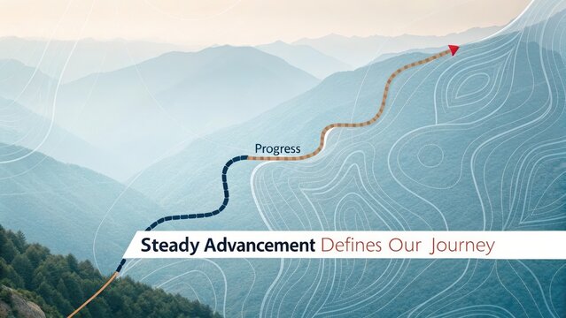 A conceptual winding path labeled progress ascends through misty blue mountains symbolizing steady advancement defining our journey towards future goals.