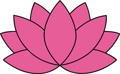 A vibrant pink lotus flower with delicate black outlines against a stark black background symbolizing purity enlightenment and rebirth in eastern traditions