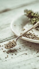 Closeup Of Seeds On Vintage Spoon On White Plate