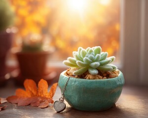 Autumn Window Succulent In Teal Pot With Heart Necklace