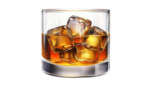 A glass filled with whiskey and ice cubes against a solid black background in a studio shot on transparent background