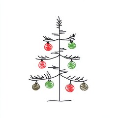 Minimalist Charlie Brown Style Christmas Tree with Sparse Branches and Colorful Ornaments: Simple Hand-Drawn Doodle Line Art for Holiday Humor and Design